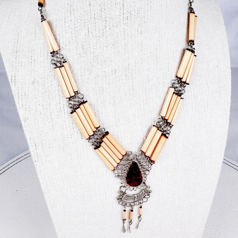 Vintage Lightweight Quill Necklace Chain Mail Choker Tortoiseshell Drop Tribal